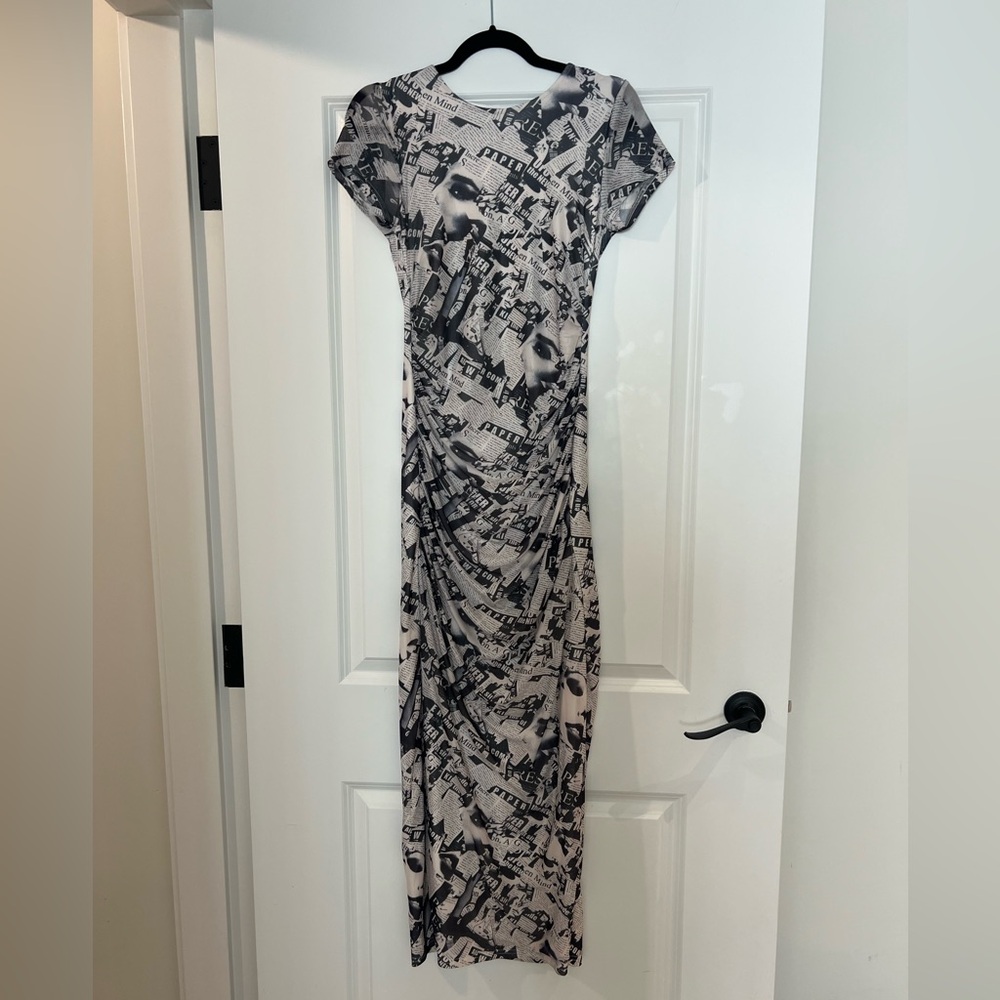 Princess Polly Newspaper Print Short Sleeve Maxi Dress